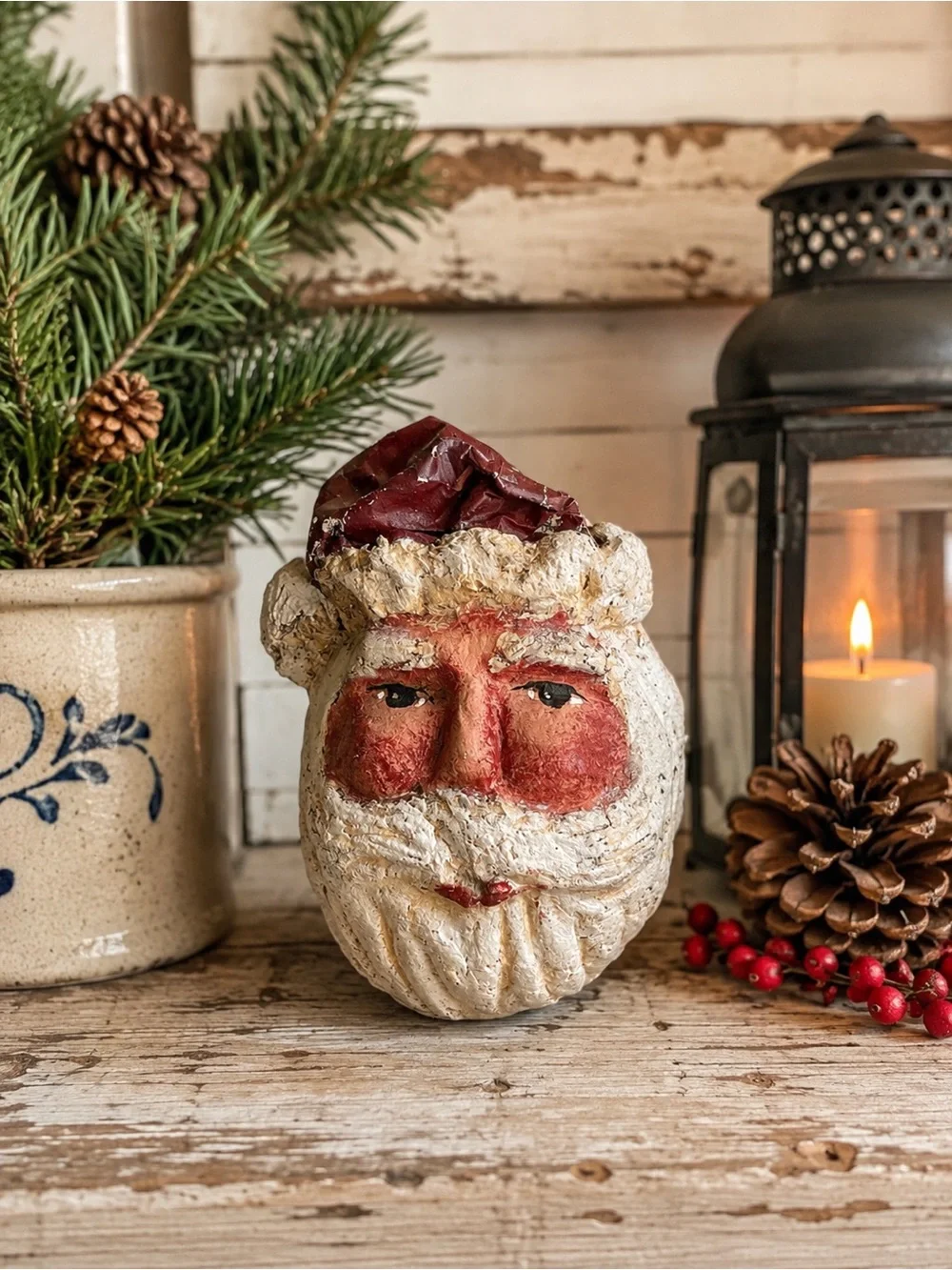 Vintage Arlene A Wobler Paper Mache Santa Head Primitive Folk Art Christmas